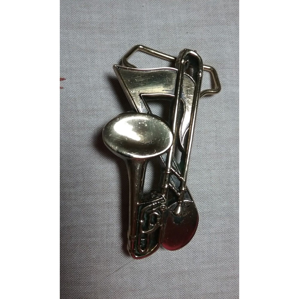 1982 Solid Brass Baron Belt Buckle Trombone Musical Instrument Music Note 4"